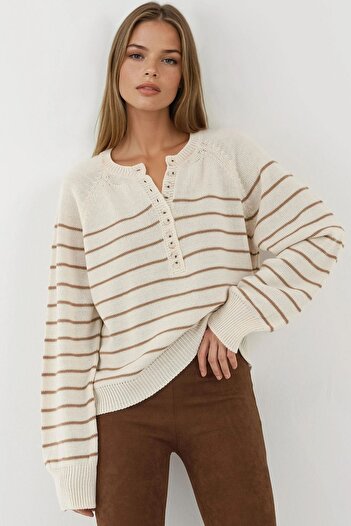 Hiccup Button Detailed Striped Loose Fit Knit Sweater