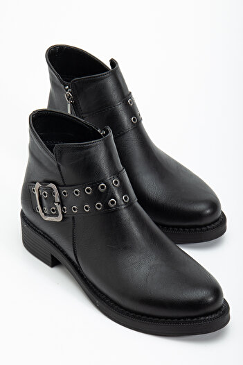 Tonny Black Women's Black Leather Thick Thermo Sole Belt Buckle Detailed Zippered Boots