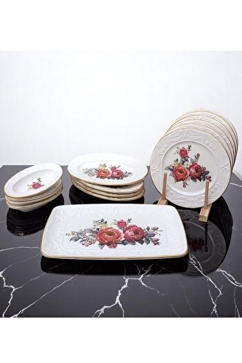Pinkev 15 Piece Ceramic Breakfast Cake Serving Plate Set for 6 People - Red Floral