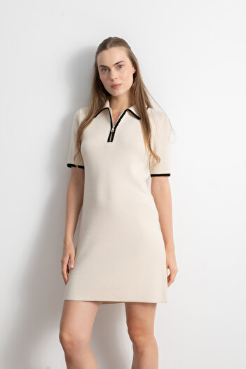 Shophia Women's Polo Neck Zippered Knit Mini Dress - Cream