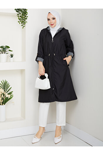 Wual giyim Women's Drawstring Waist Hooded Trench Coat Raincoat