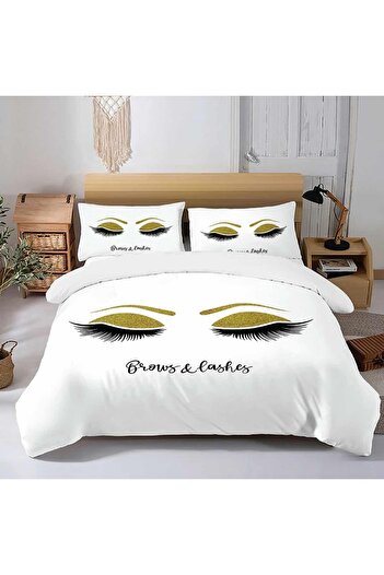 OEM Bed linen, 2 people, identical 3D print, fine, 6 pieces, golden white, with black eyelashes, LFD140