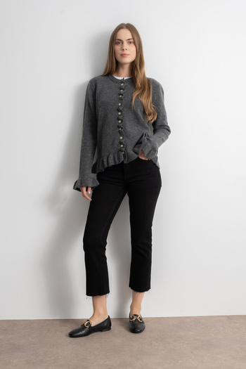 Shophia Women's Ruffle Detailed Knit Cardigan – Gray