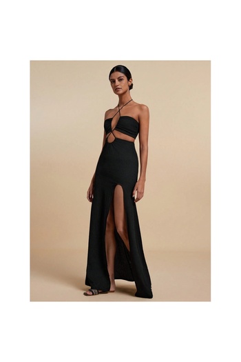 FITINT Women's long casual dress with side cutout and open back Black – 230
