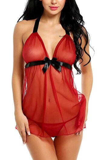 Generic HiloRill Women's Net Solid Above Knee Babydoll Night Dress for Honeymoon Free Wine Red Wine Red Free