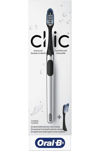 Oral-B Oral B Clic Manual Toothbrush, Chrome Black, with 2 Replaceable Brush Heads and Magnetic Holder