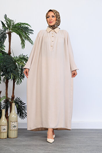 OKTAYUSTA COLLECTİON Mevlana Dress with Half Button Front Shirt Collar Robe Beige