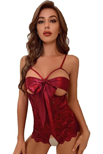 Generic IIUS Women's Bodysuit Self Knot Front Teddy Lingerie One Piece Floral Lace Bodysuit Babydoll Women B