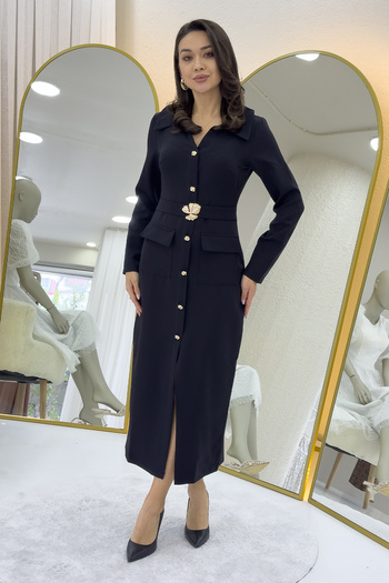 zks grup tekstil Women's Gold Button Belt Detailed Long Dress with Pockets Brown, Black, Navy Blue, Olive Green