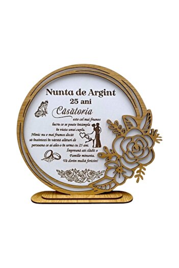 OEM Wooden decoration with rose, personalized gift with standard message for "Silver Wedding", 22cm