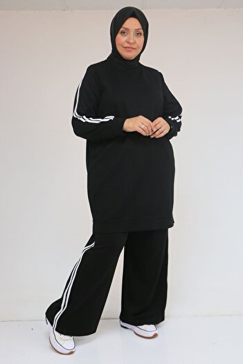 Eslina 57060 Plus Size Shoulder Stripe Modal Pants Suit - Black