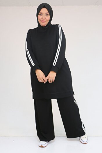 Eslina 57060 Plus Size Shoulder Stripe Modal Pants Suit - Black