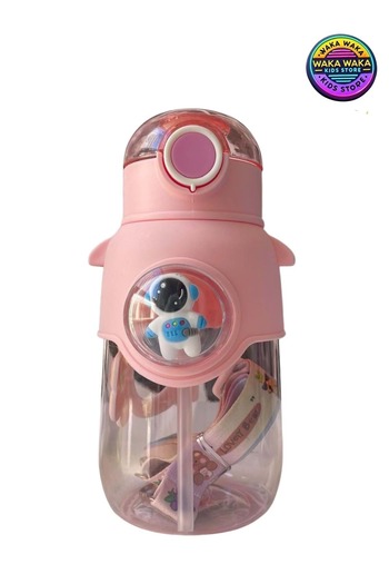 ww waka waka kids store Children's Water Bottle with Astronaut Figure 600 ml - Colorful Space-Themed Water Bottle with Strap, Leak-Proof Lid