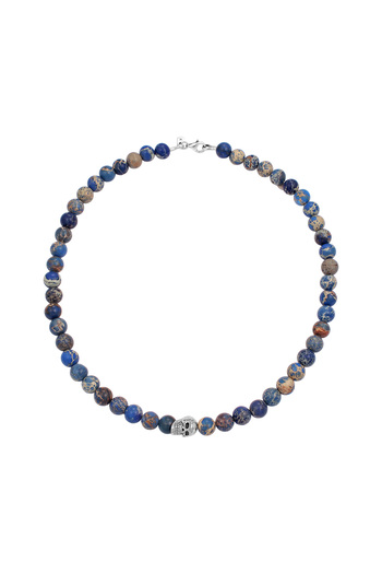 KUZZOI Náhrdelník Pánský přívěsek s lebkou achátovými korálky Modrý 925 Sterling Silver 45 cm