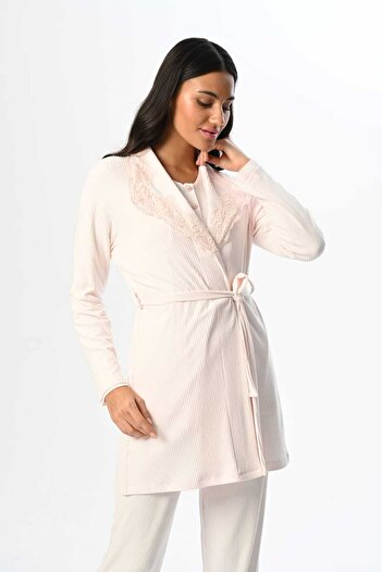 LOHOUSE Women's Ecru Lace Shawl Collar Ribbed Winter Maternity Pajama Set with Dressing Gown, 3-Piece Maternity Pajama Set