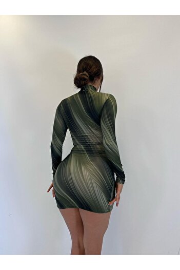 pink life Green Geometric Pattern Micro Fabric Mini Dress