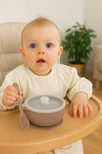 CKM silikon Silicone Baby Food Bowl with Leak-Proof Vacuum Lid 400 ml Beige
