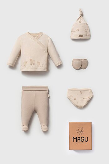 Magu Unisex Baby Cotton Beige Sheep Patterned 5-Piece Newborn Hospital Discharge Set