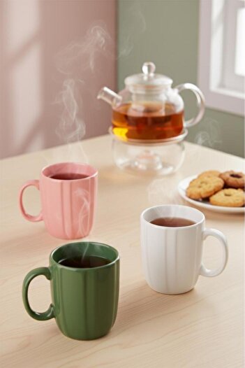 Atbyhome Wind Ceramic Mug Set of 3 Pink Green White Coffee Tea Cup 300 ml 10 cm