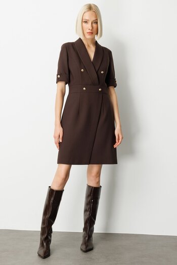 Ekol Double Breasted Collar Ornamental Button Dress-4017