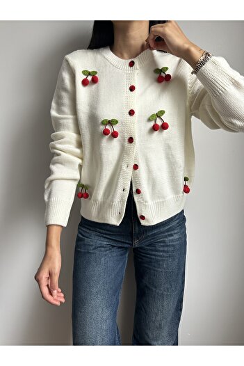 LOTUS CITY Cherry Patterned Crew Neck Buttoned Knitwear Cardigan