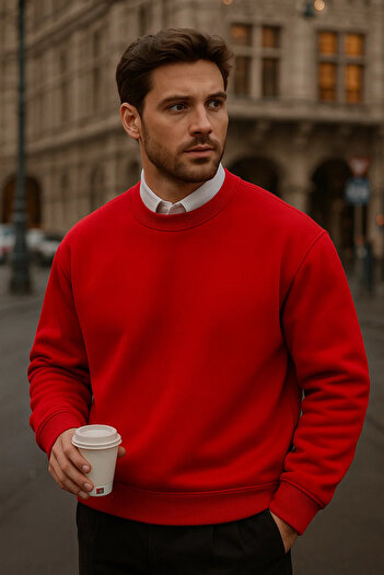 COMBİNE MİCHAİL Men's Oversize Winter Red Long Sweater