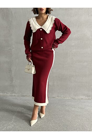 BEJNA Women's Burgundy Baby Collar Knitwear Set