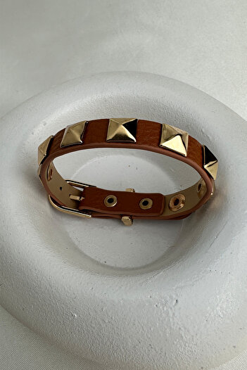 Modex Yellow Metal Staple Detail Leather Bracelet (24cm)