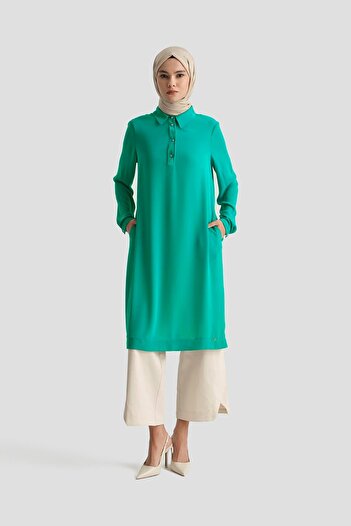 Armine TREND Shirt Collar Collar Buttoned Tunic-Water Green 25Yt4149