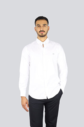 PAUL&SHARK Men's Regular Fit 100% Cotton Shark Logo Long Sleeve White Shirt 99313001-010