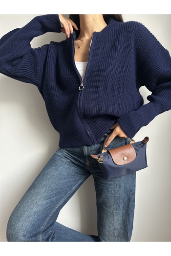 LOTUS CITY Navy Blue Oversized Zippered Knit Cardigan