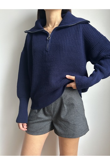 LOTUS CITY Navy Blue Turn-Down Collar Oversized Zippered Knit Sweater