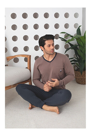 embody Men's cotton lycra long pyjamas, grey/beige 902