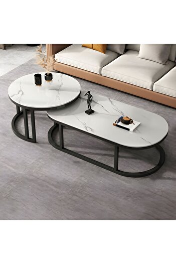 Türkiye Oval Coffee Table Slate Nesting Coffee Table Set for Living Room White/Black