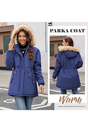 Nadeer Women's winter jacket with fleece lining, hood, waterproof, blue, size XL,