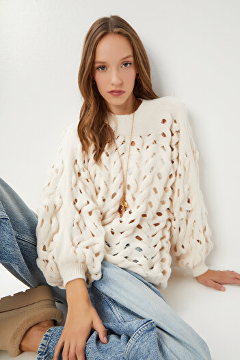 Lovelyİstanbul Balloon Sleeve Openwork Knitwear Sweater Lmt0037 Cream