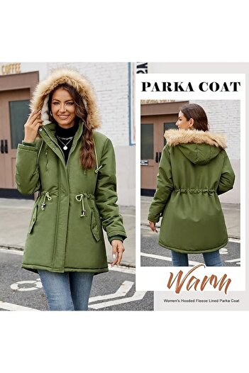 Nadeer Women's winter jacket with fleece lining, hood, waterproof, khaki, size L,