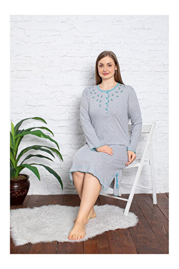 embody Lady's Nightdress in Soft Cotton, Long Sleeves, batal, grey