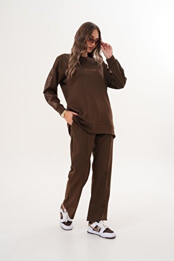 WestBound Women's Sportswear Leather Detailed Stone Embroidered Casual Tracksuit Set Brown 715