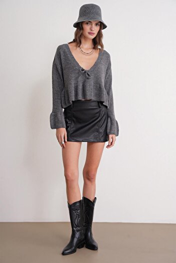 Mixray 6955 Women's Ruffled Knit Sweater Anthracite