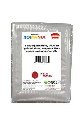 Urgent Horeca Pungi vidat gofrate 150x200 mm, grosime 85 microni transparente, ideale preparare Sous Vide, set 100