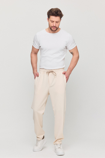 YXC Trend Maker Men's Slim Fit Elastic Waist Drawstring Zipper Lycra Comfortable Jogger Cream Men's Trousers