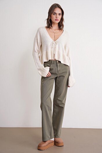 Mixray 6955 Women's Ruffled Knit Sweater Natural