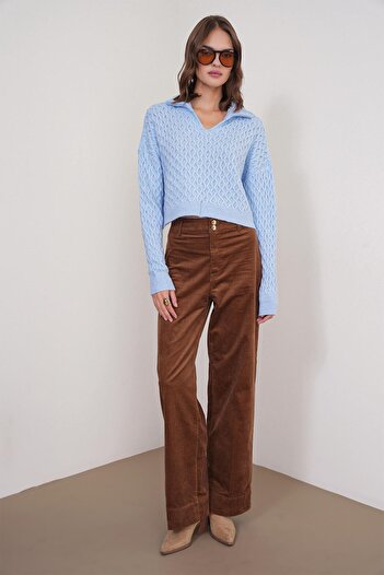 Mixray 6896 Women's Knitted Detailed Crop Sweater Baby Blue