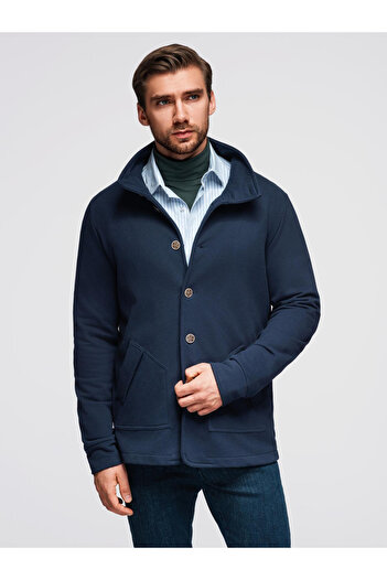 OMBRE Men's Button-Up Collar Jacket - Navy v4 OM-SSZP-0240