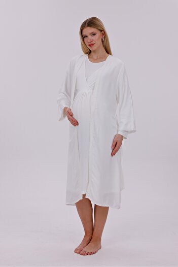 Yulem Homewear Ecru Lace Detailed Double-Breasted Cotton Maternity Nightgown-Dressing Gown Set of 2
