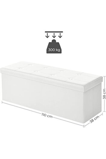SONGMICS Folding Stool with Storage, 3 Seater, Faux Leather, 110x38x38 cm, White