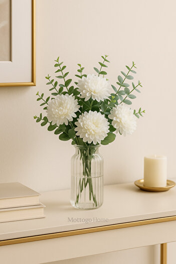 Mottogo Buchet de crizanteme albe și eucalipt – floare artificială moale și elegantă pentru decorarea casei