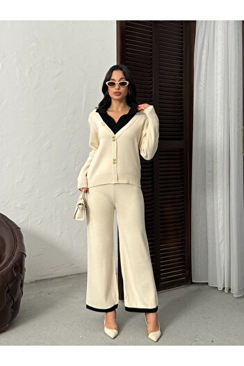 BEJNA Women's Polo V-Neck Detailed Bottom-Top Knitwear Set
