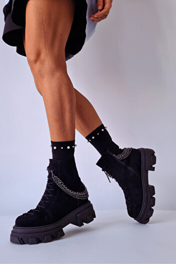 GARKONY Women's Boots Natural Leather Black with Removable Chain Joeli